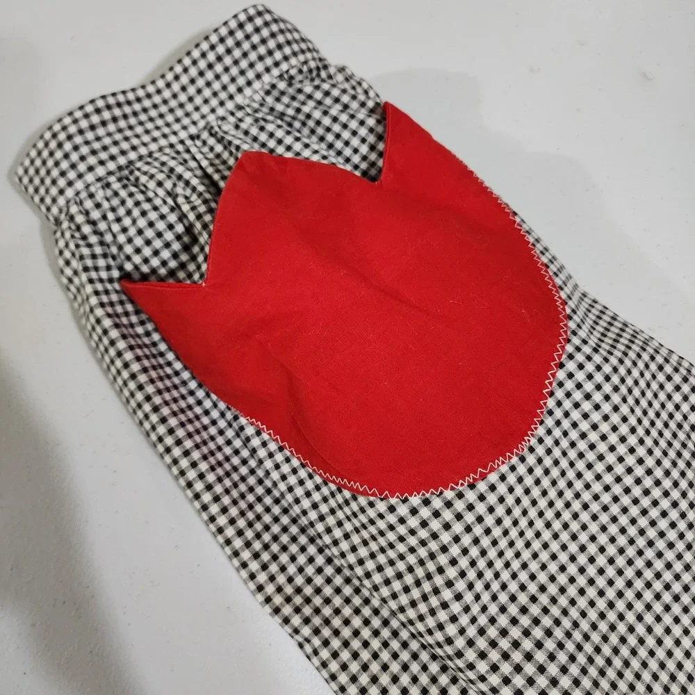 Vintage Handmade Gingham Half Apron Black White Red Tulip Pockets Cottagecore